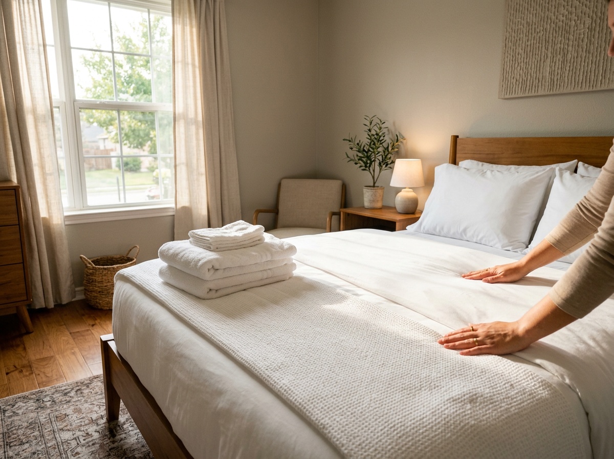 Freshly made bed and folded towels in a short-term rental after a turnover cleaning